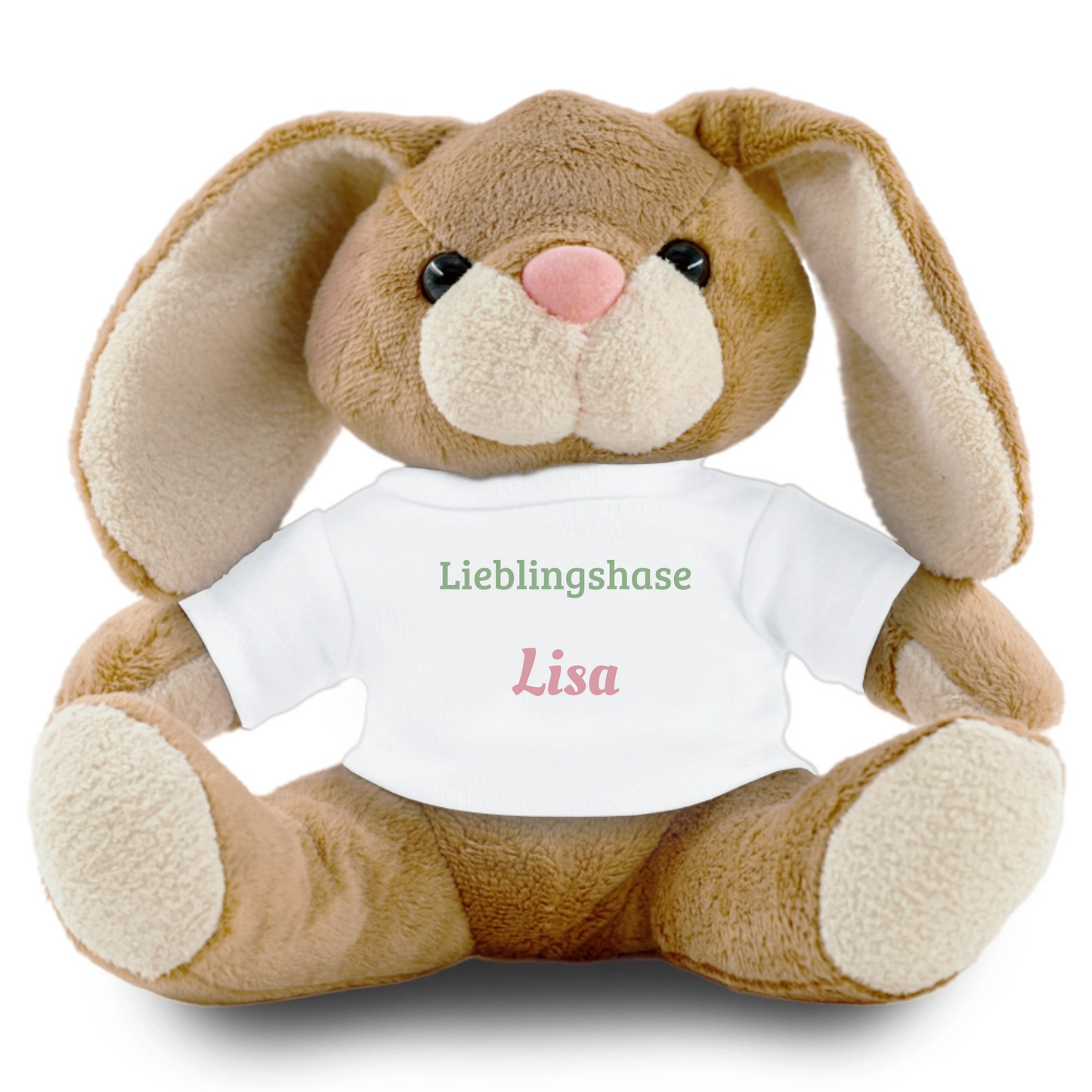 Personalisierter Kuschelhase mit Name oder Foto auf dem Shirt