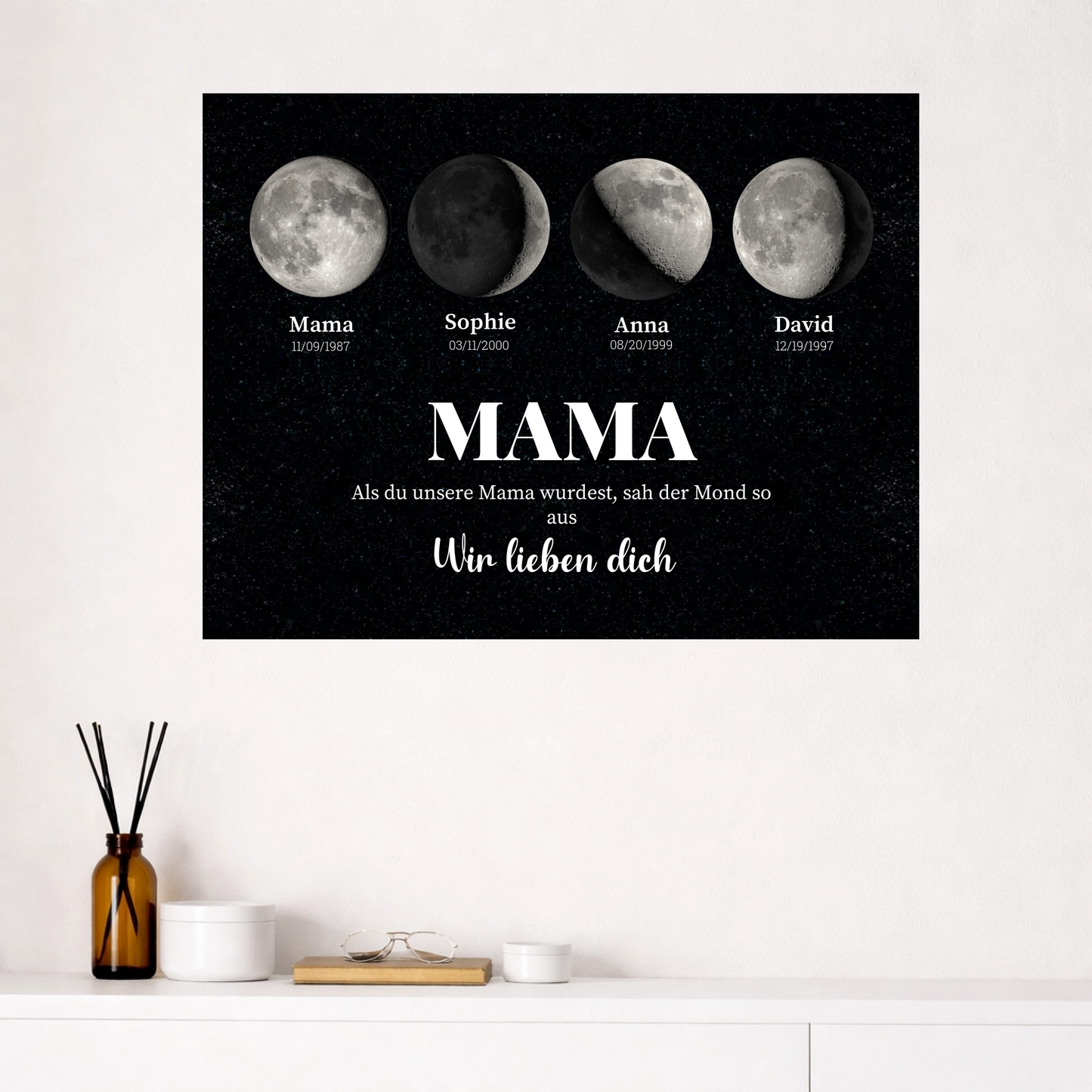 Leinwandbild Familie mit personalisierten Mondphasen und Namen Geschenk