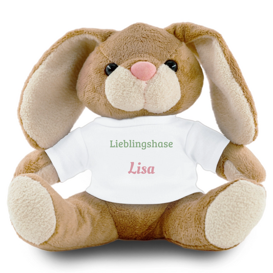 Personalisierter Kuschelhase mit Name oder Foto auf dem Shirt